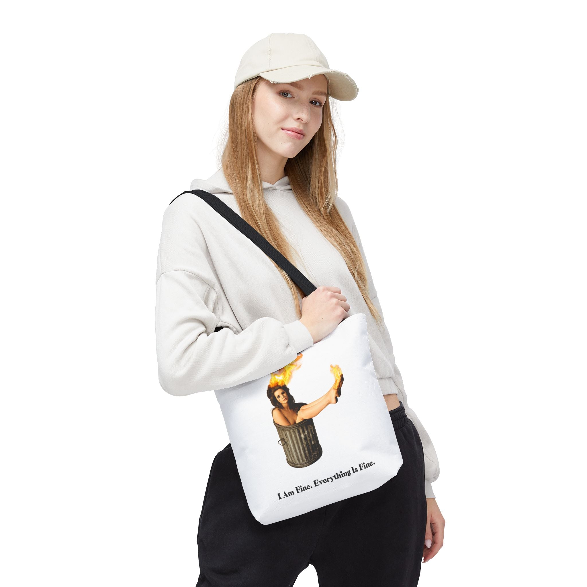 I Am Fine Everything Is Fine Tote Bag | Funny Meme Trash Can on Fire