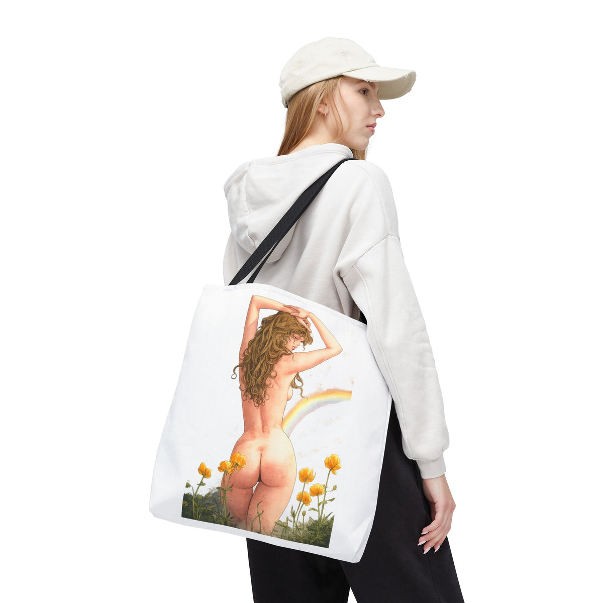 Nude Back Pin Up Tote Bag | Rainbow Daisies Art