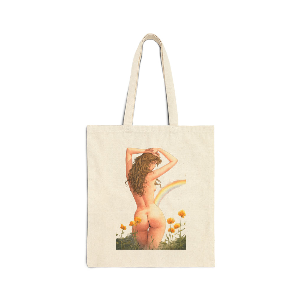 Vintage Pinup Nude Woman Tote Bag | Floral Rainbow Illustration