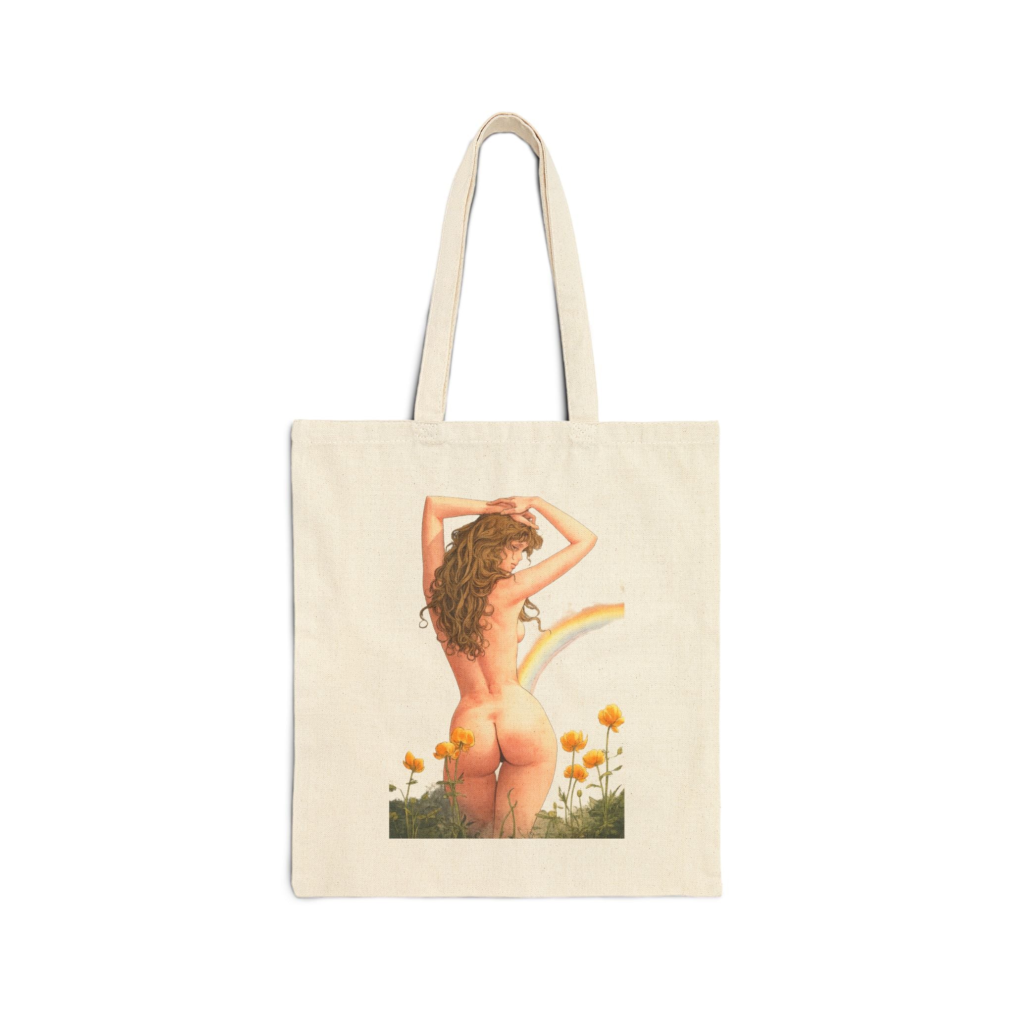 Vintage Pinup Nude Woman Tote Bag | Floral Rainbow Illustration