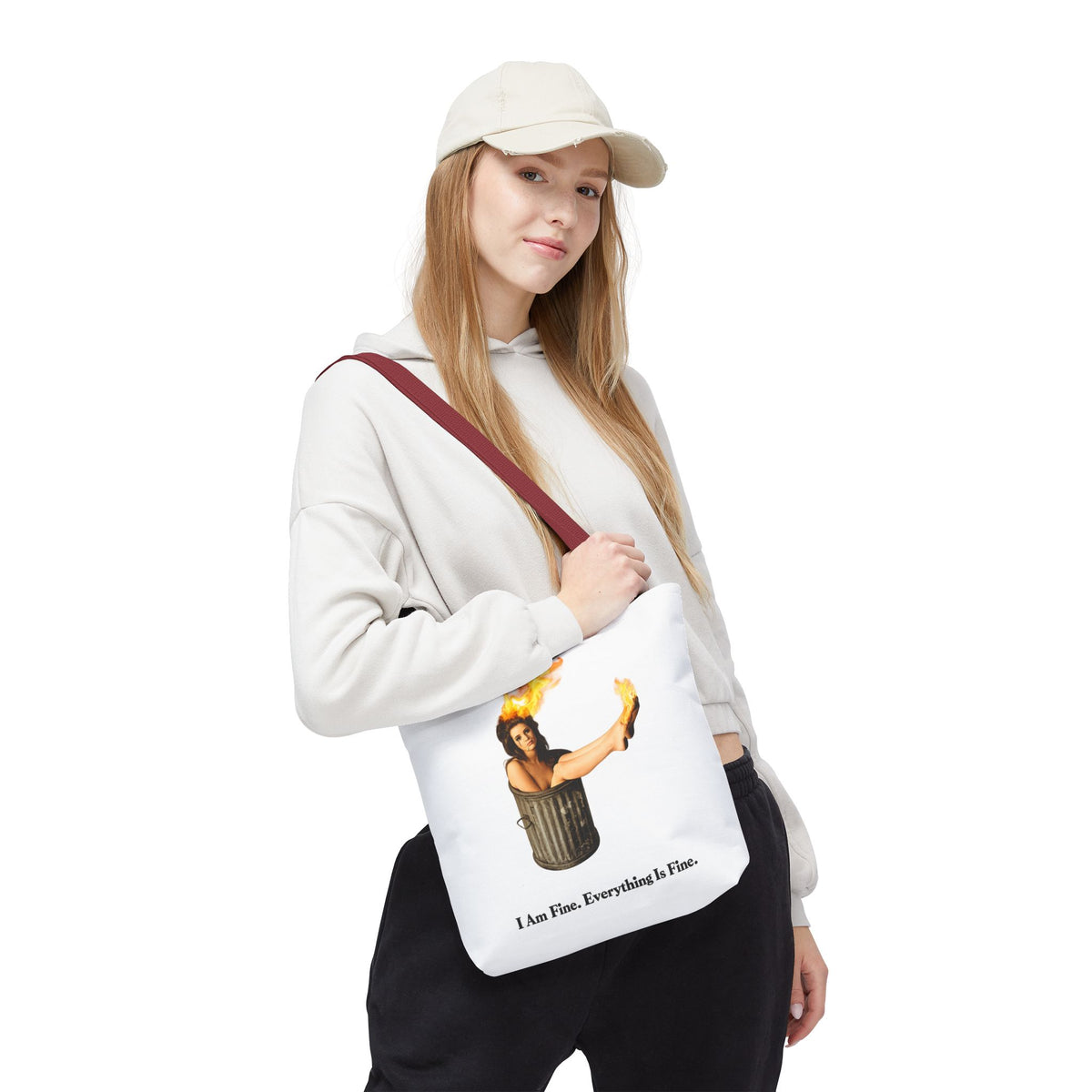 I Am Fine Everything Is Fine Tote Bag | Funny Meme Trash Can on Fire