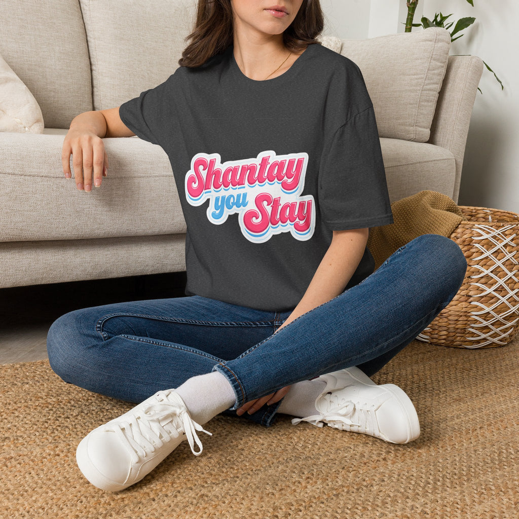 Shantay You Stay T-Shirt — Retro Pink & Blue Script Tee