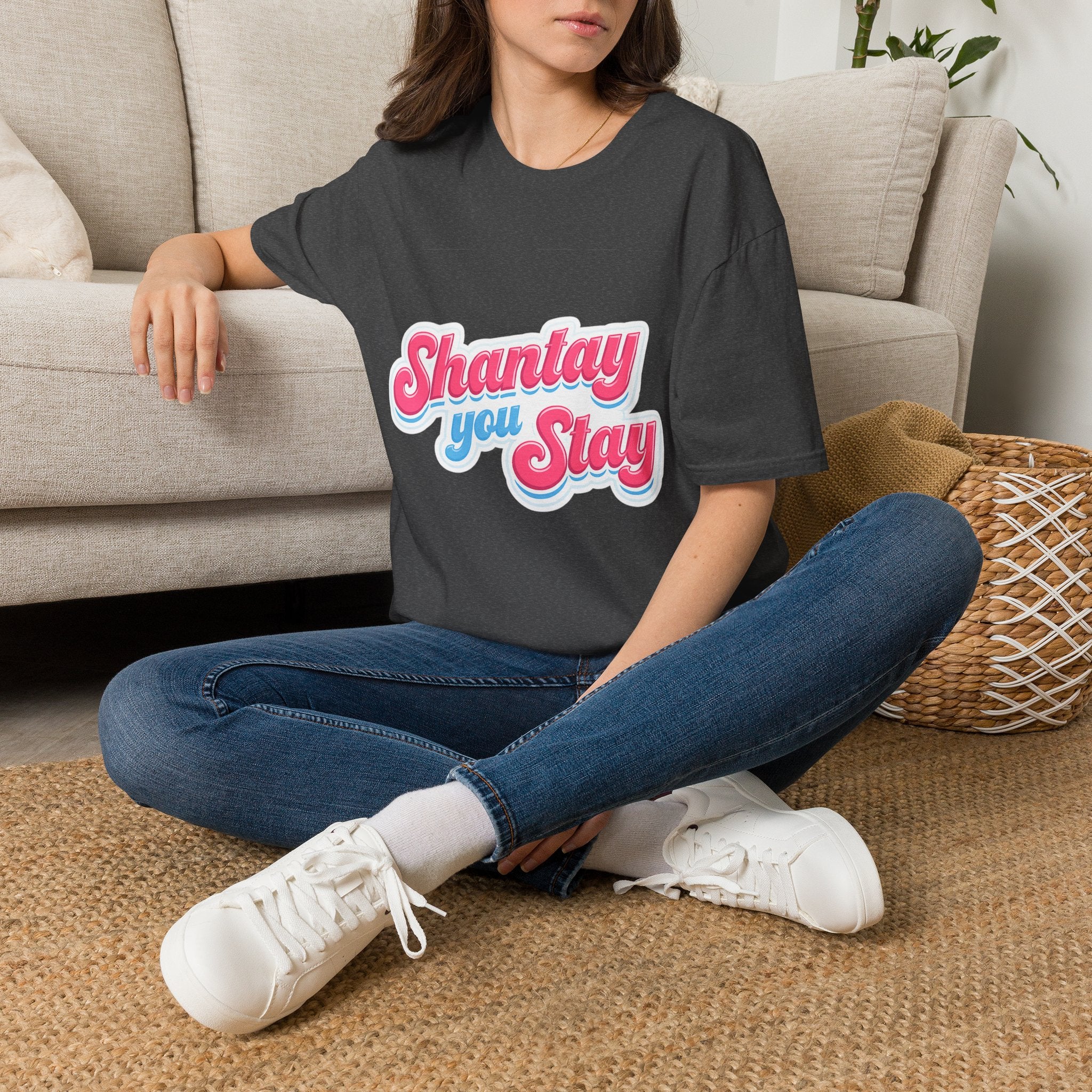 Shantay You Stay T-Shirt — Retro Pink & Blue Script Tee