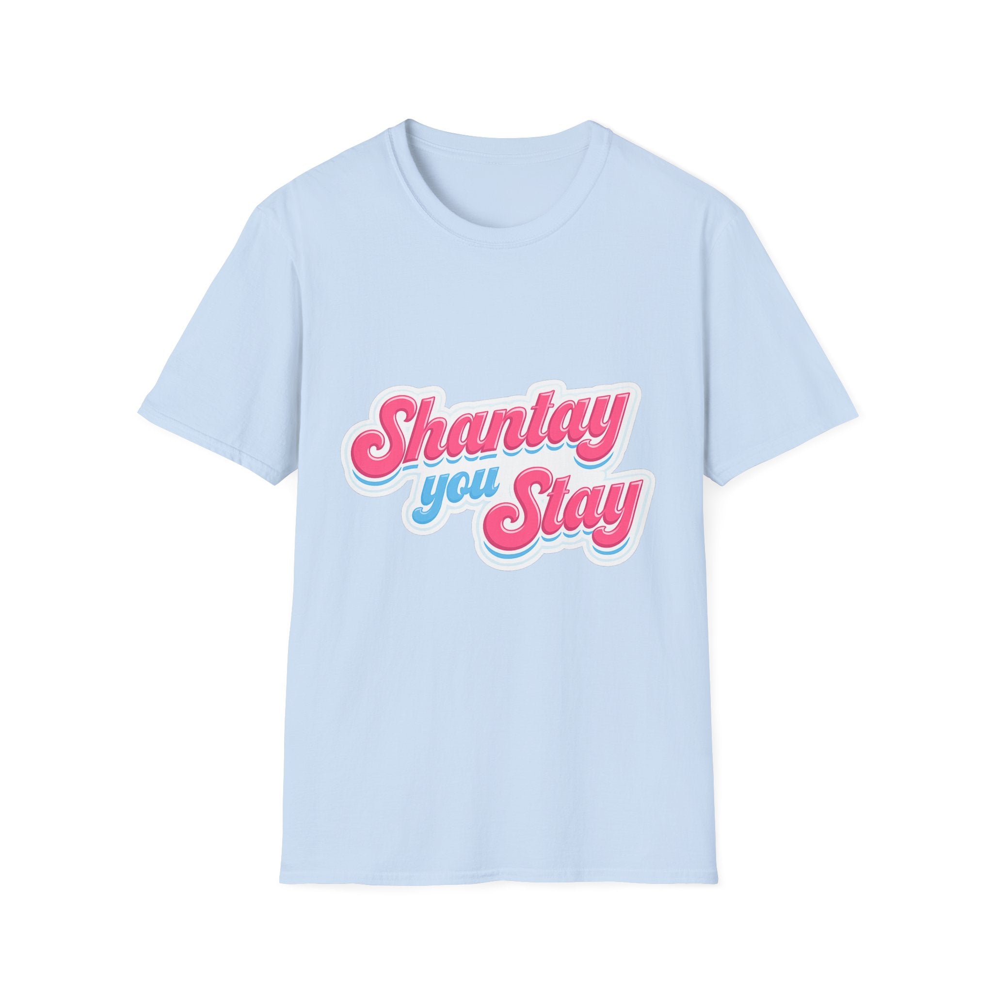 Shantay You Stay T-Shirt — Retro Pink & Blue Script Tee
