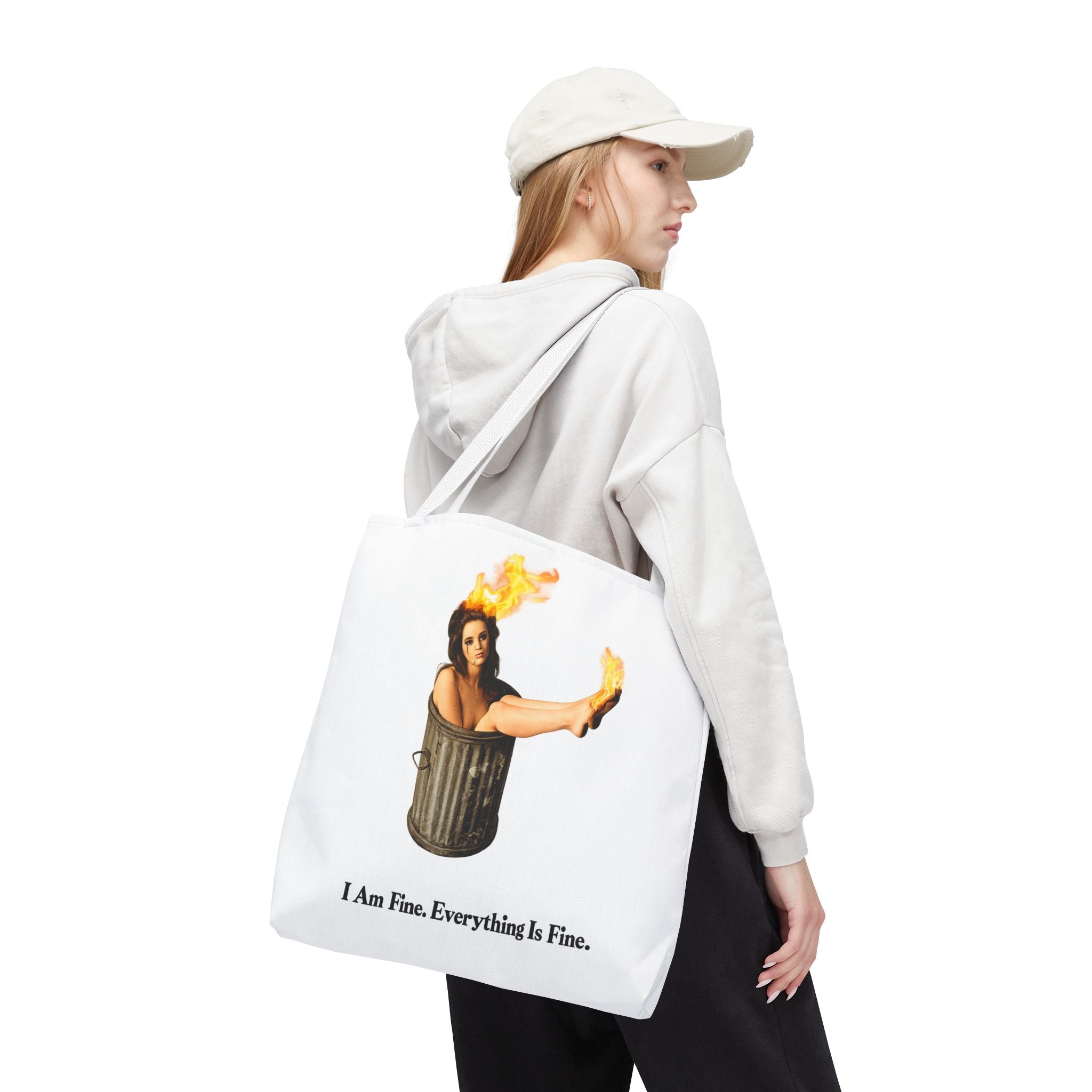 I Am Fine Everything Is Fine Tote Bag | Funny Meme Trash Can on Fire