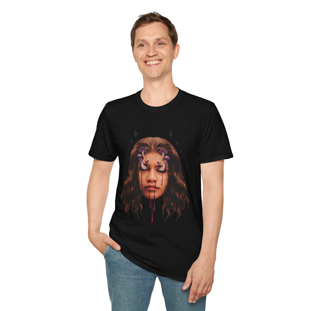 Mushroom Awakeness T-Shirt | Surreal Mushroom Art, Moody Portrait