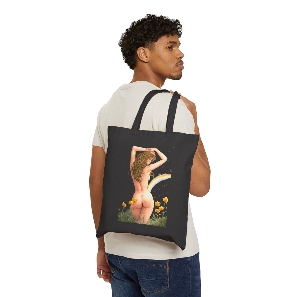 Vintage Pinup Nude Woman Tote Bag | Floral Rainbow Illustration