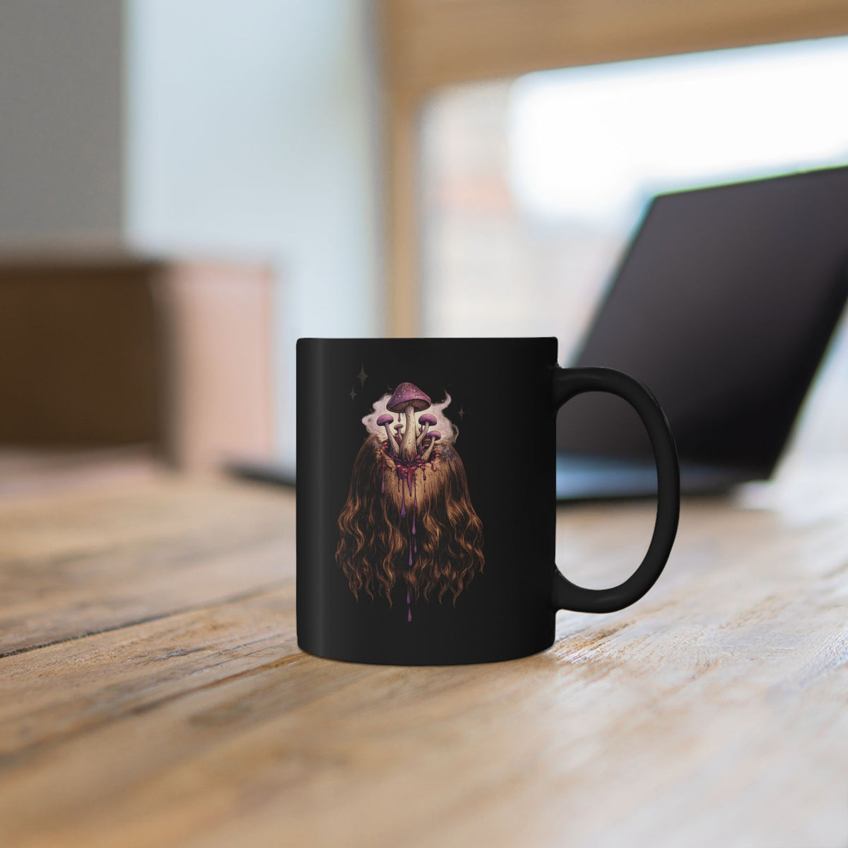 Mushroom Awakeness Mug | Gothic Botanical Black Ceramic Mug