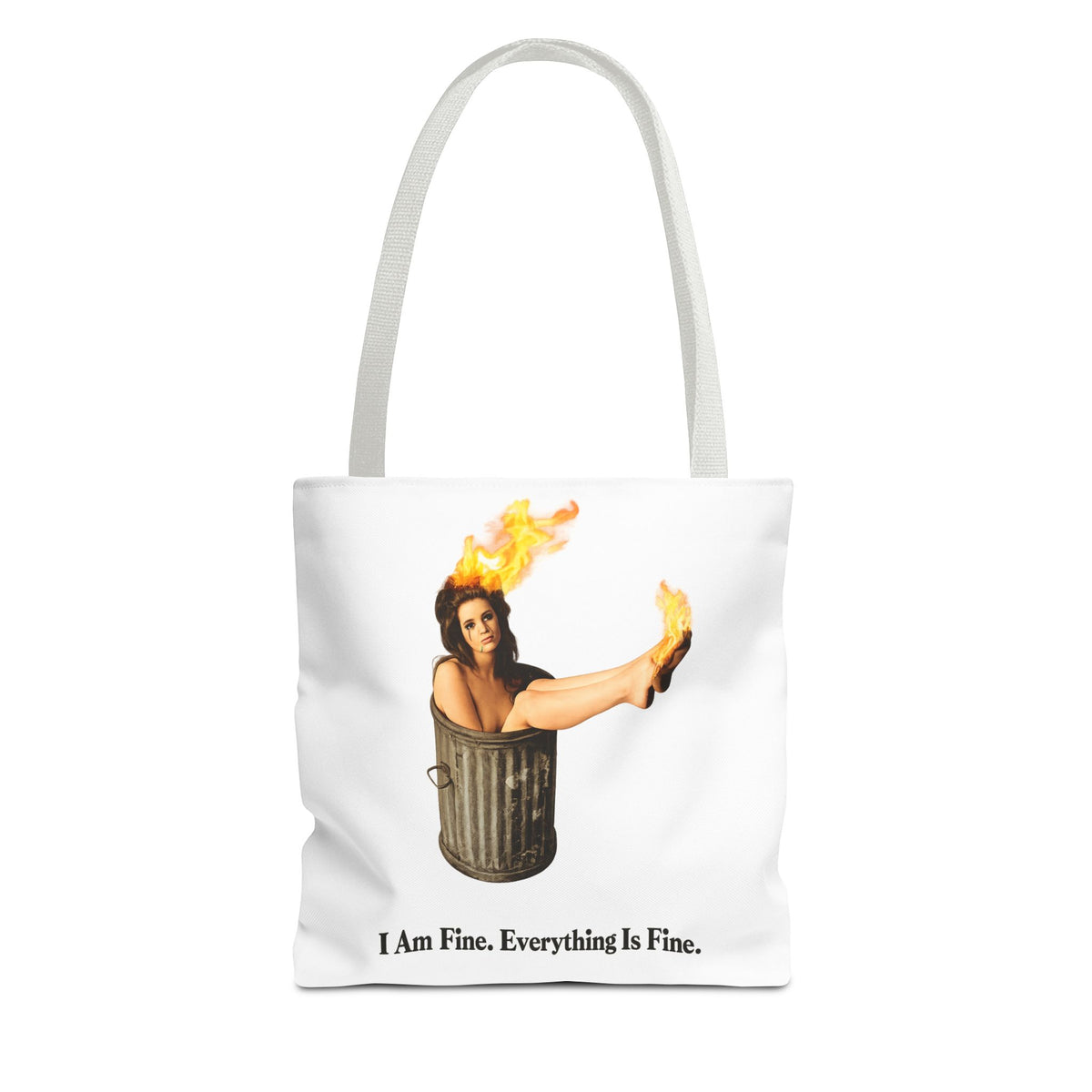 I Am Fine Everything Is Fine Tote Bag | Funny Meme Trash Can on Fire