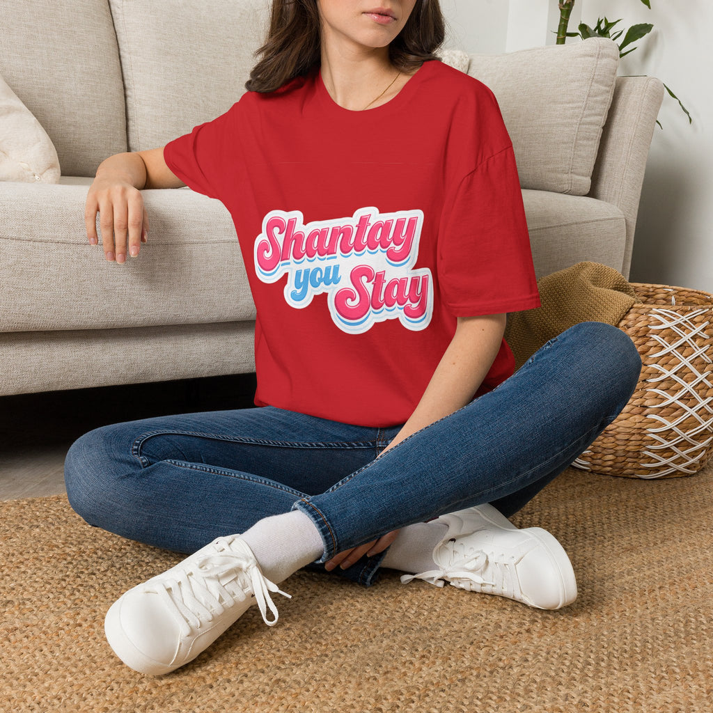 Shantay You Stay T-Shirt — Retro Pink & Blue Script Tee