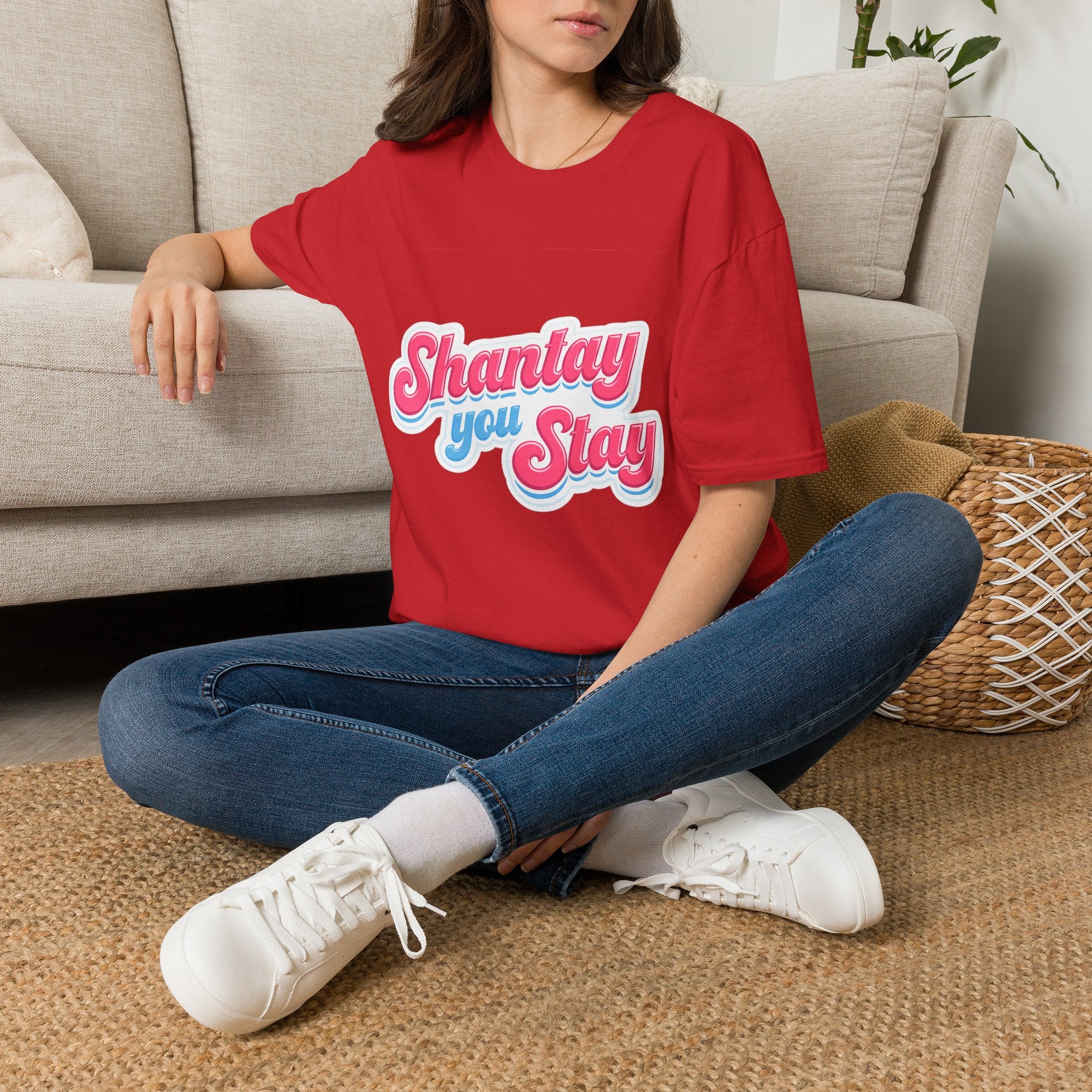Shantay You Stay T-Shirt — Retro Pink & Blue Script Tee