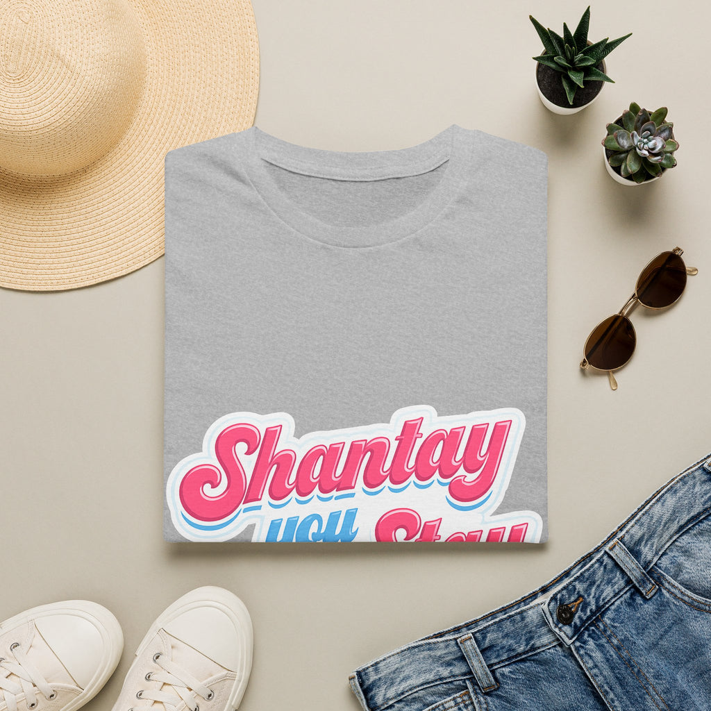 Shantay You Stay T-Shirt — Retro Pink & Blue Script Tee