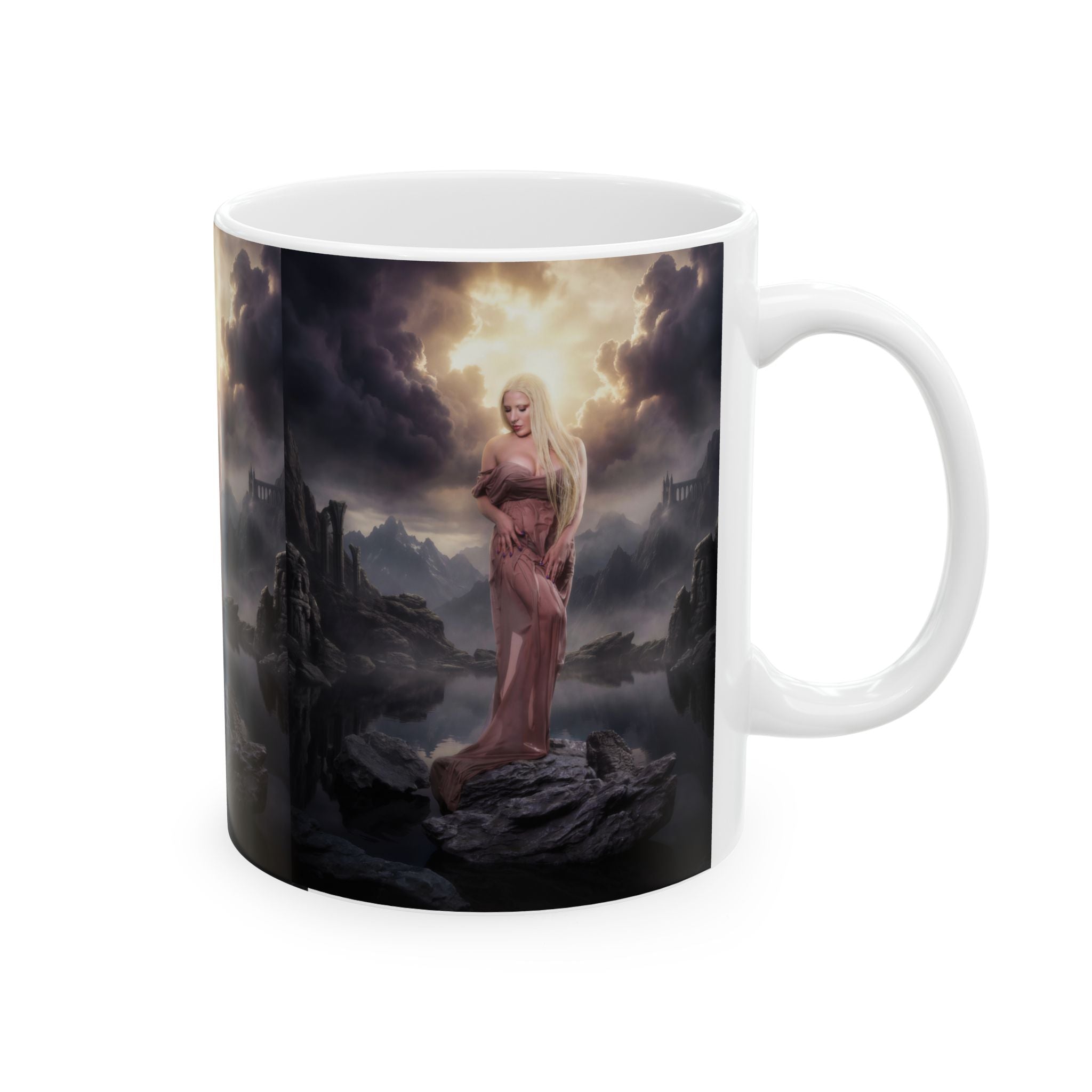 Renaissance photoshoot Mug | Dark Castle Landscape, Mythic Woman