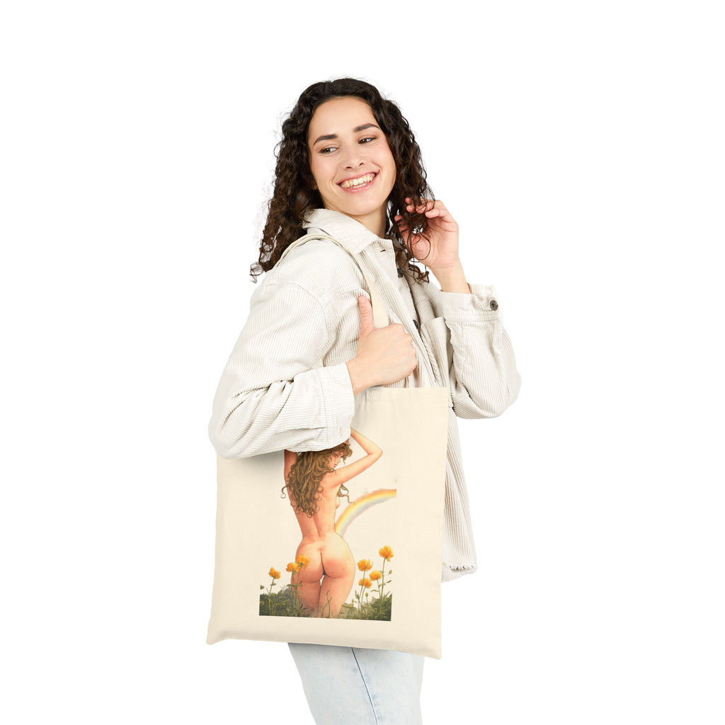 Vintage Pinup Nude Woman Tote Bag | Floral Rainbow Illustration