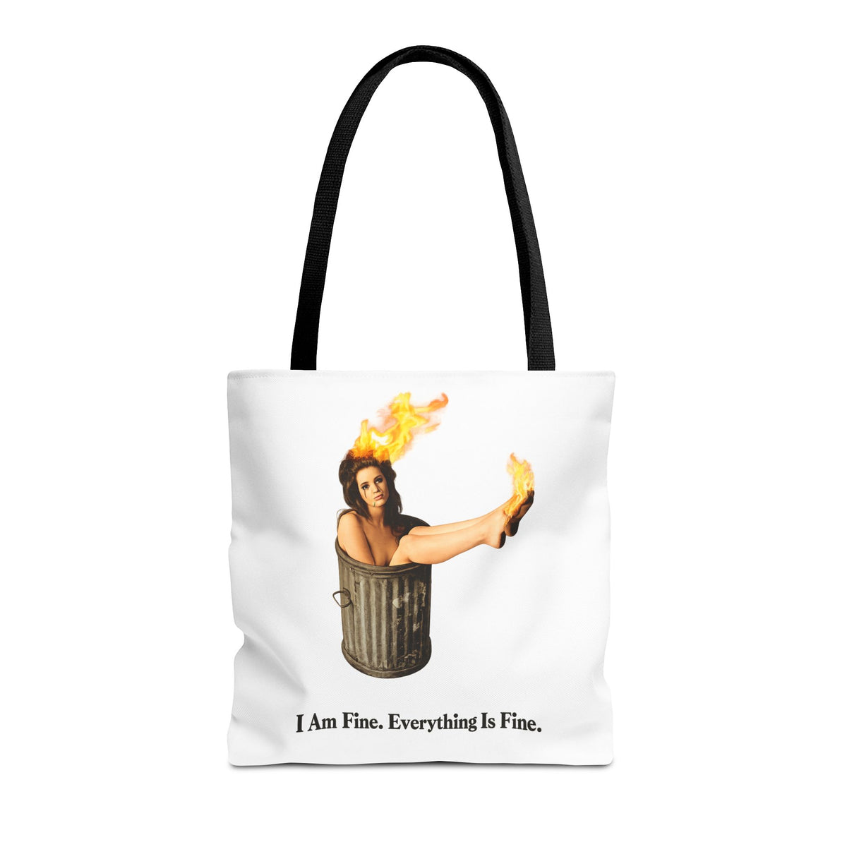 I Am Fine Everything Is Fine Tote Bag | Funny Meme Trash Can on Fire