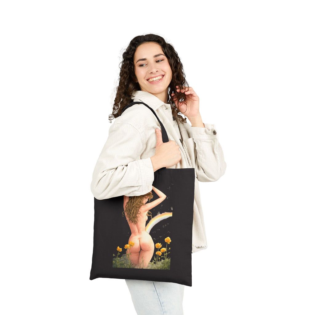 Vintage Pinup Nude Woman Tote Bag | Floral Rainbow Illustration