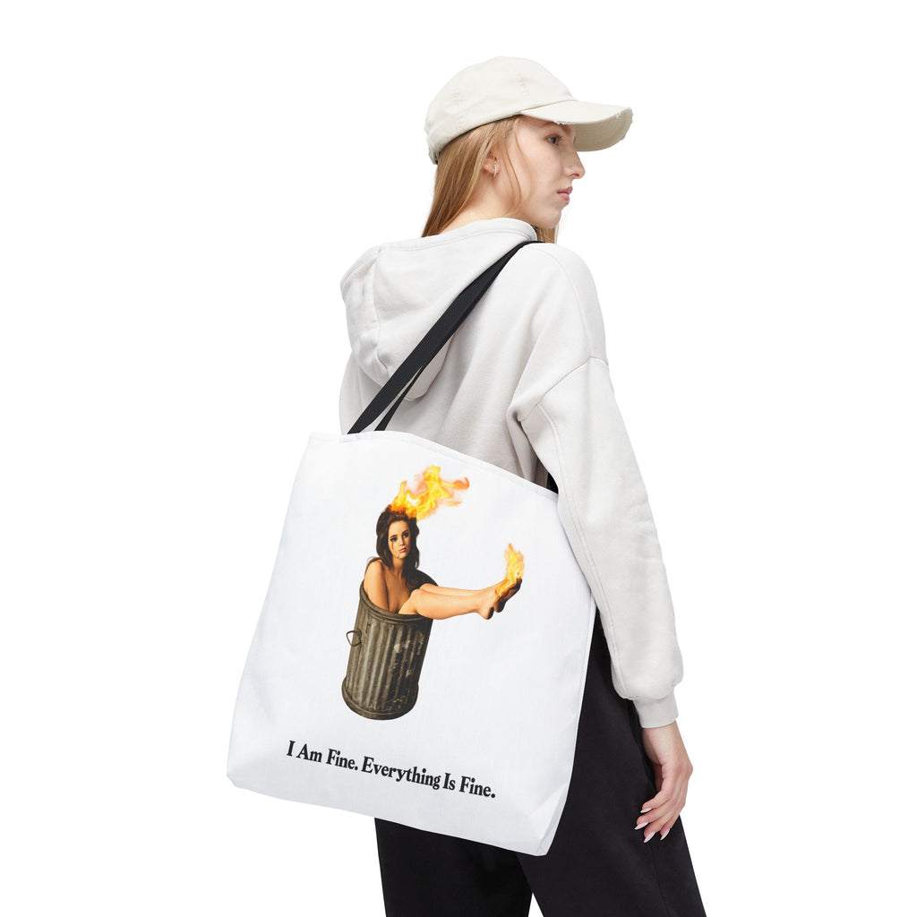 I Am Fine Everything Is Fine Tote Bag | Funny Meme Trash Can on Fire