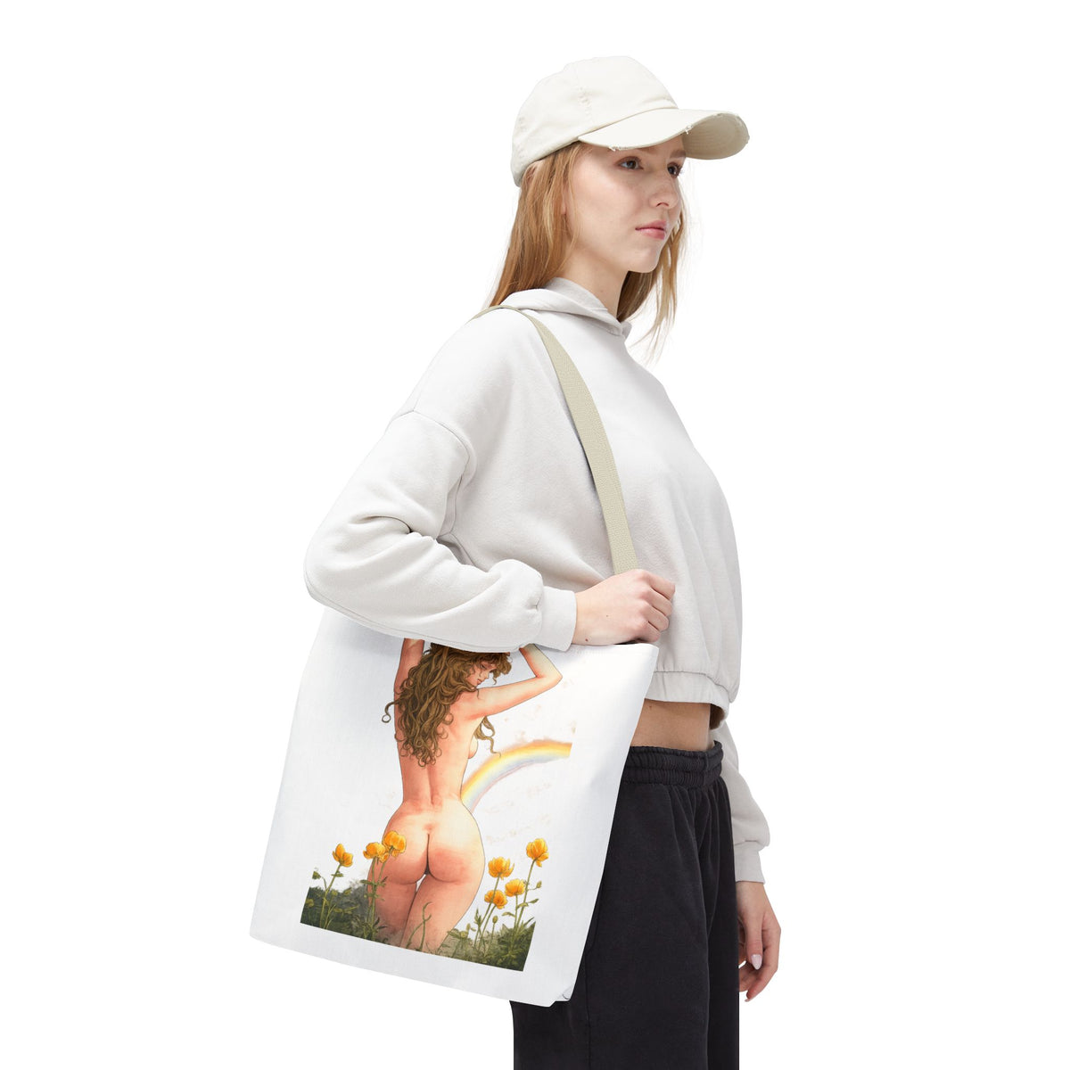 Nude Back Pin Up Tote Bag | Rainbow Daisies Art