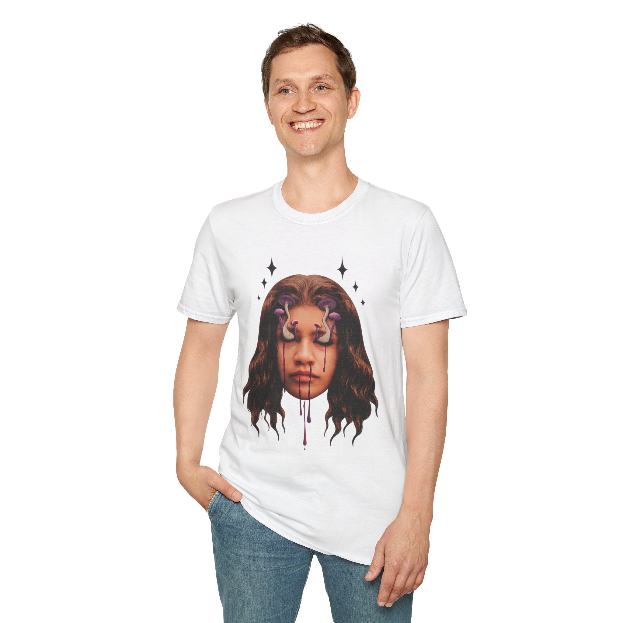Mushroom Awakeness T-Shirt | Surreal Mushroom Art, Moody Portrait