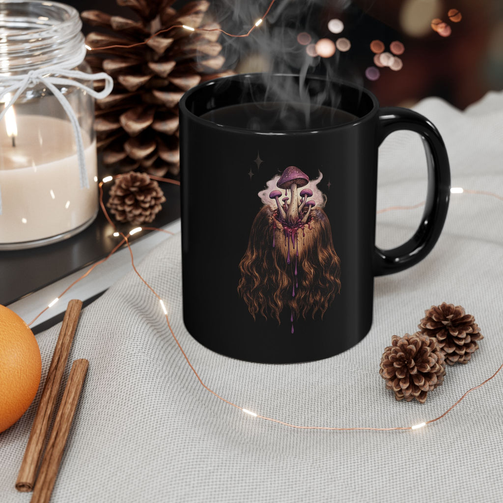 Mushroom Awakeness Mug | Gothic Botanical Black Ceramic Mug