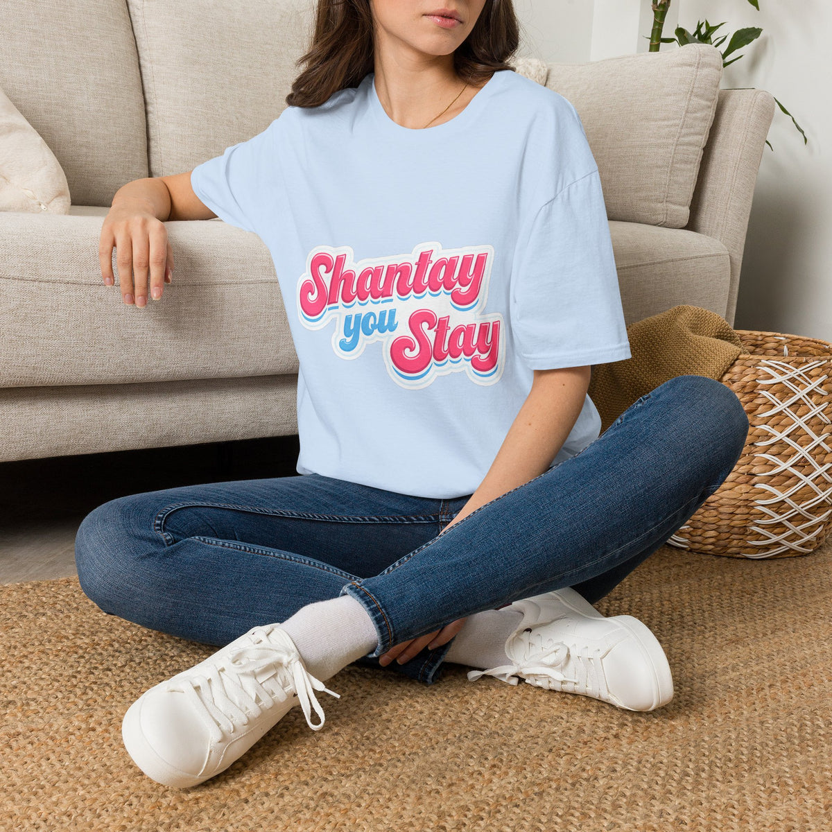 Shantay You Stay T-Shirt — Retro Pink & Blue Script Tee