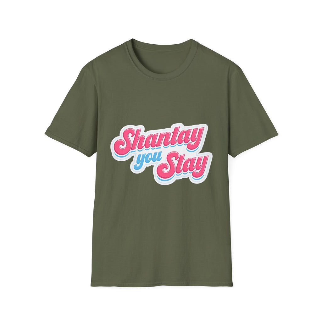 Shantay You Stay T-Shirt — Retro Pink & Blue Script Tee