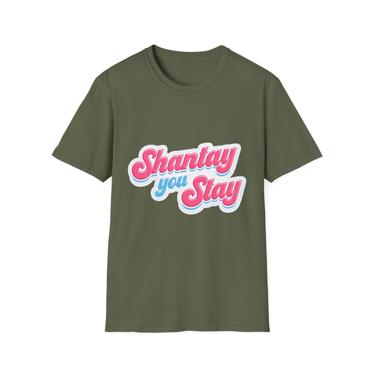 Shantay You Stay T-Shirt — Retro Pink & Blue Script Tee
