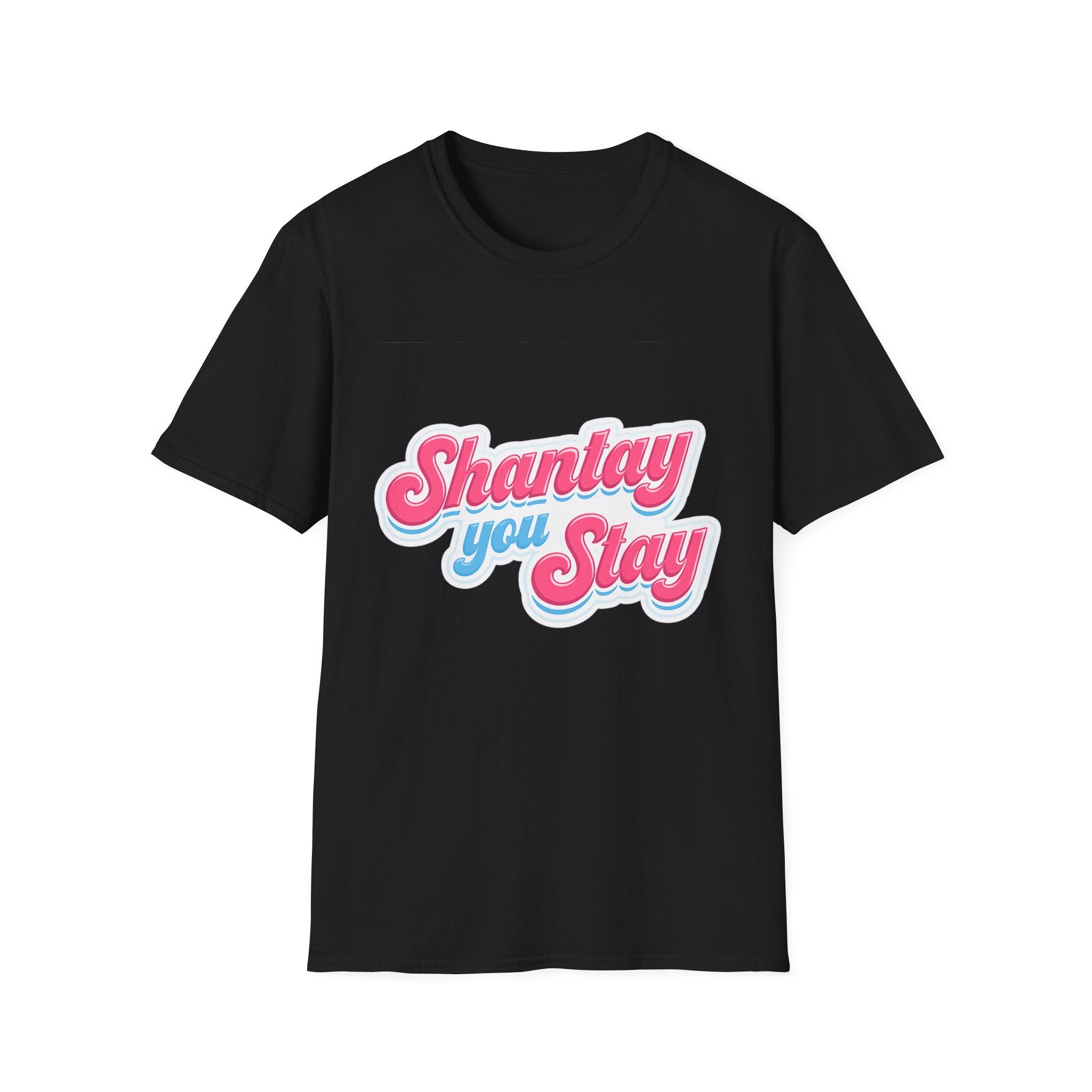 Shantay You Stay T-Shirt — Retro Pink & Blue Script Tee