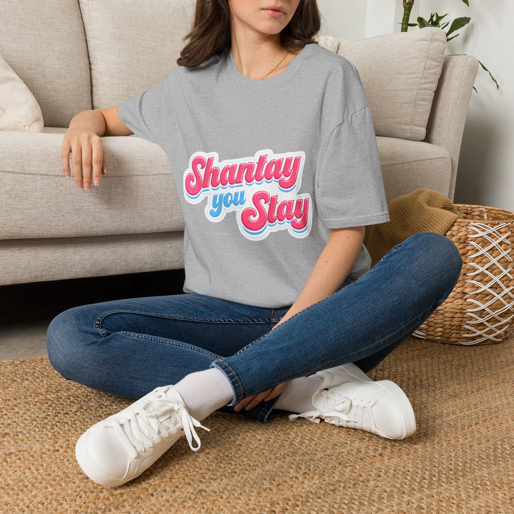 Shantay You Stay T-Shirt — Retro Pink & Blue Script Tee
