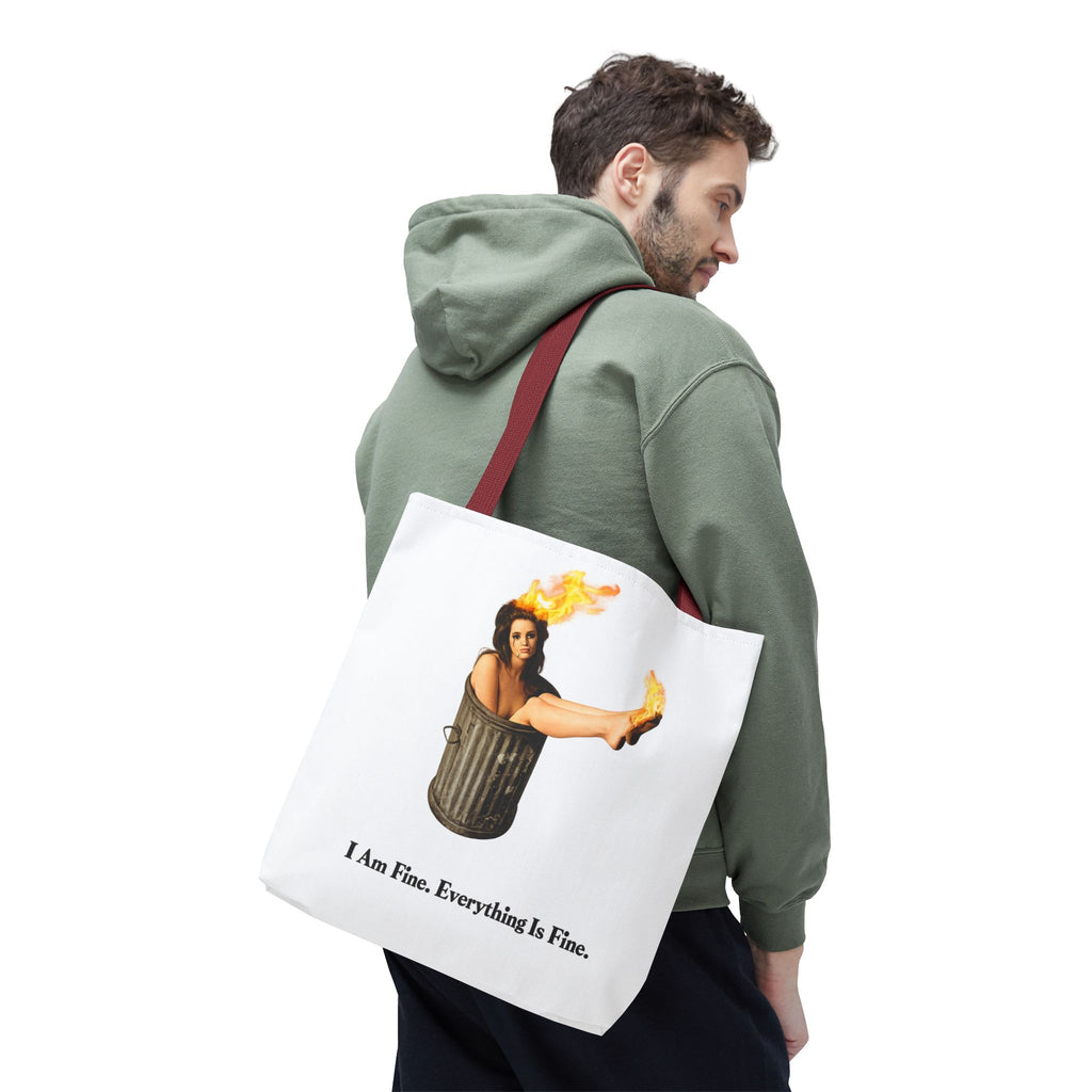 I Am Fine Everything Is Fine Tote Bag | Funny Meme Trash Can on Fire