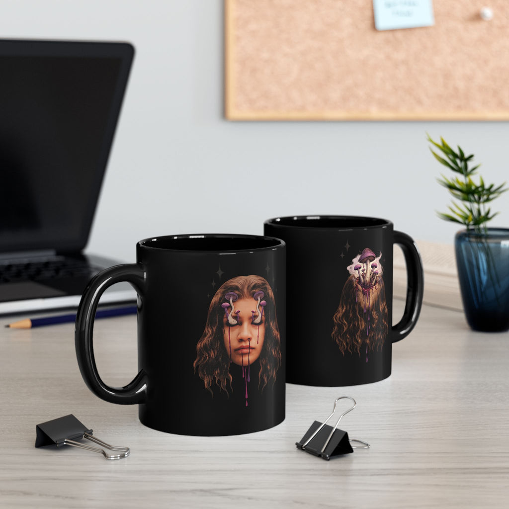 Mushroom Awakeness Mug | Gothic Botanical Black Ceramic Mug