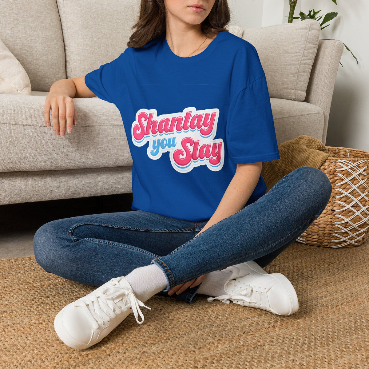 Shantay You Stay T-Shirt — Retro Pink & Blue Script Tee