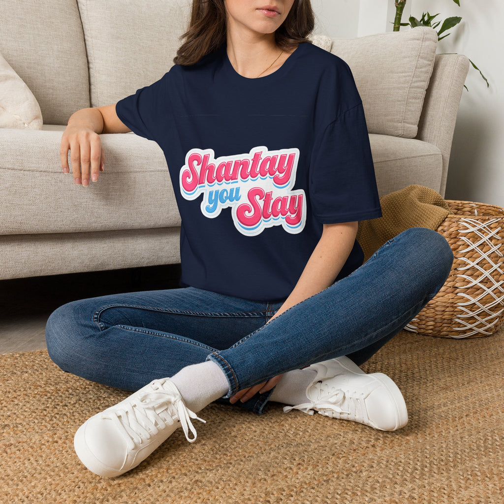 Shantay You Stay T-Shirt — Retro Pink & Blue Script Tee
