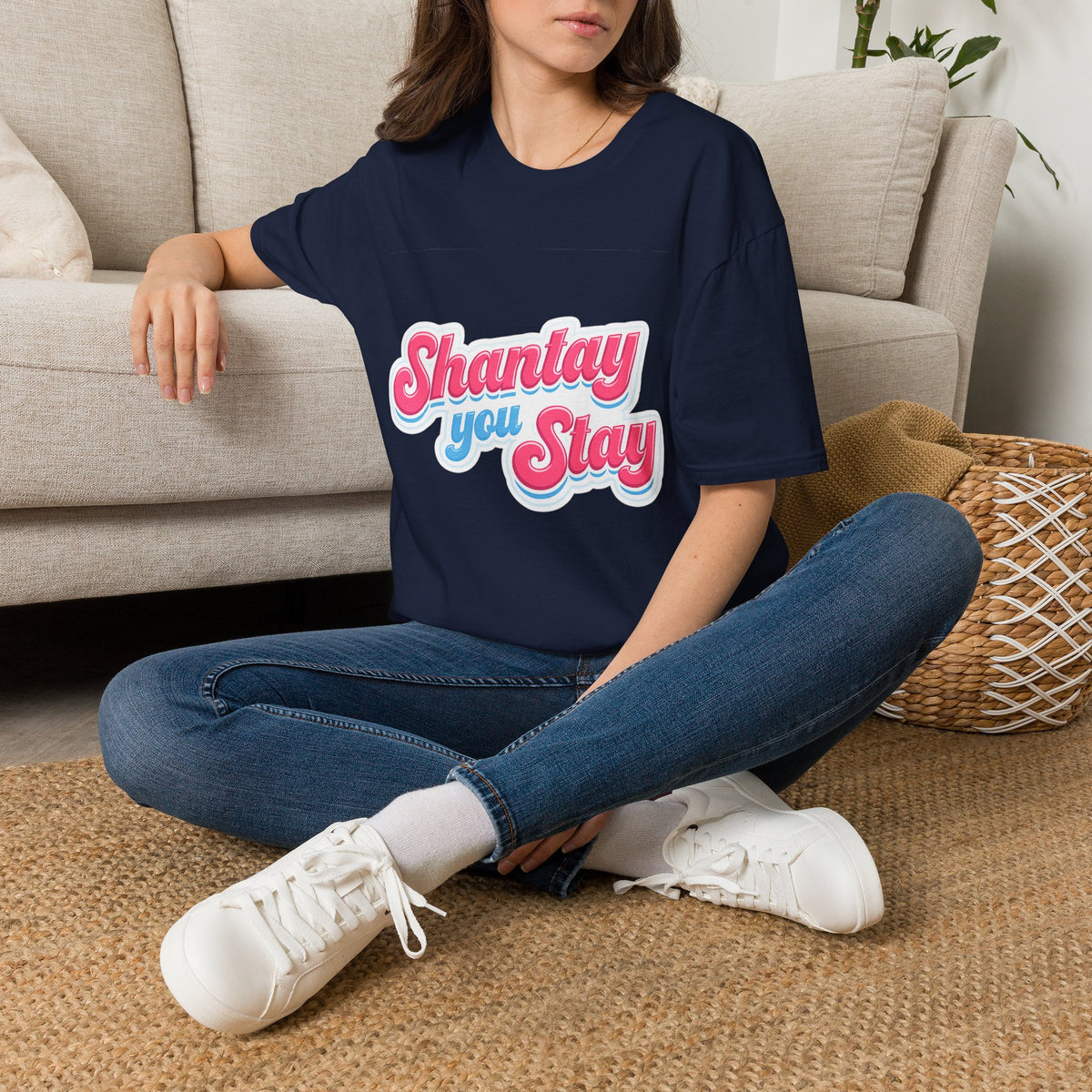 Shantay You Stay T-Shirt — Retro Pink & Blue Script Tee