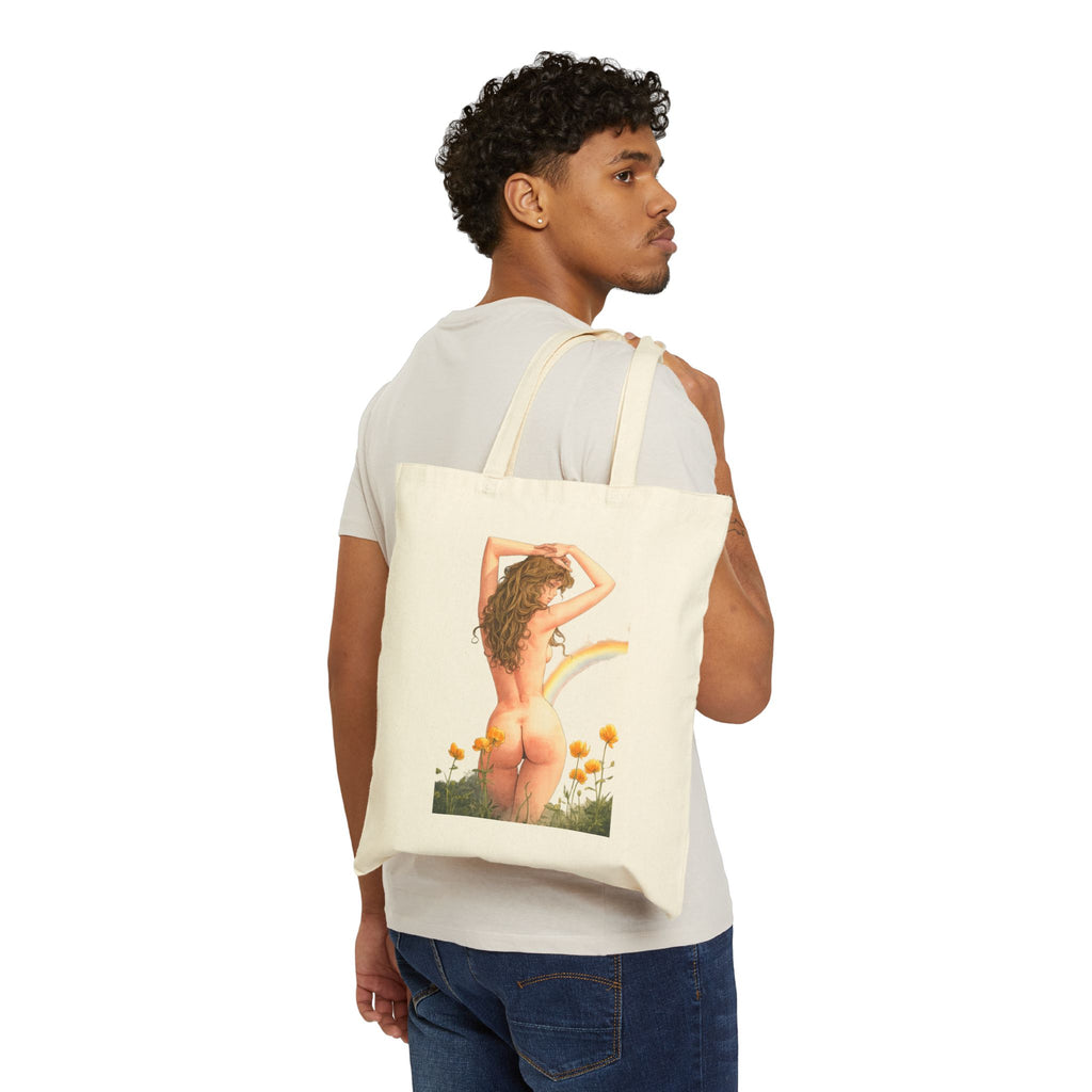Vintage Pinup Nude Woman Tote Bag | Floral Rainbow Illustration