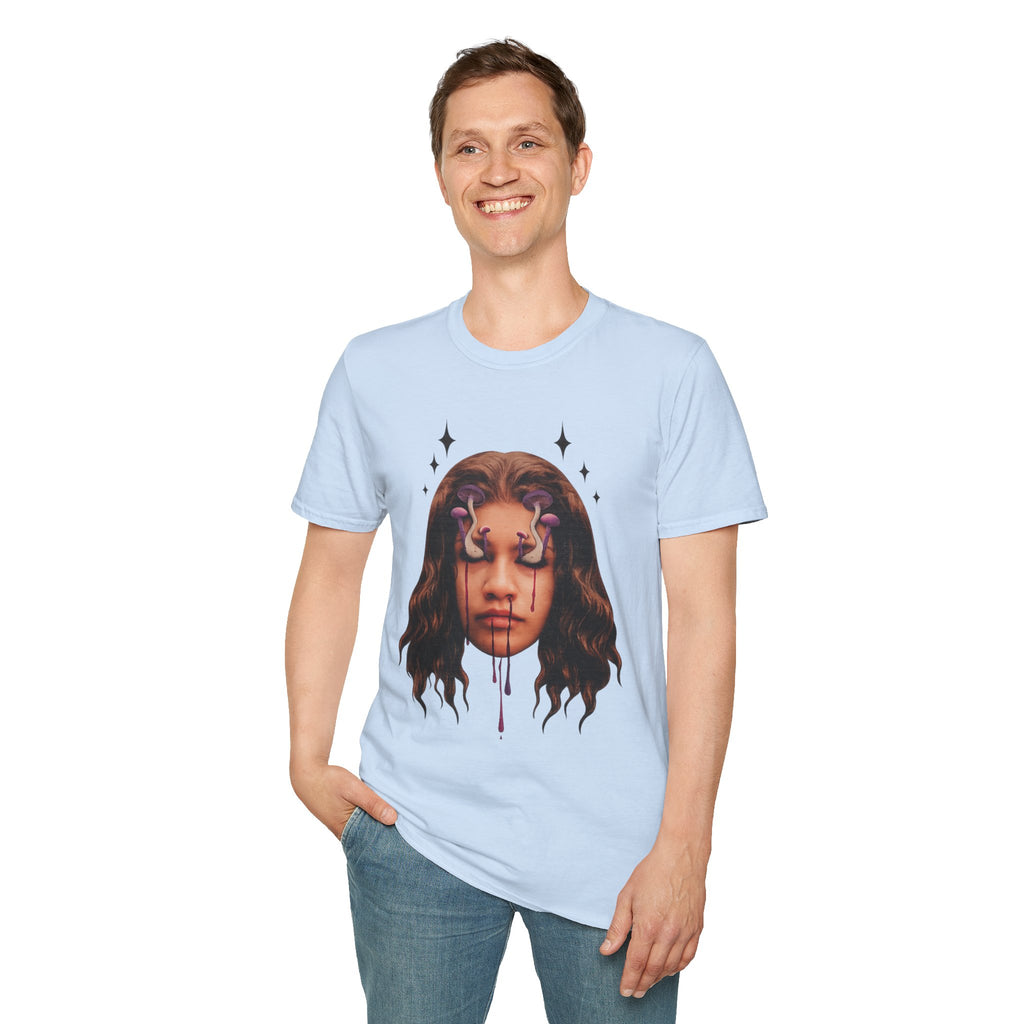 Mushroom Awakeness T-Shirt | Surreal Mushroom Art, Moody Portrait