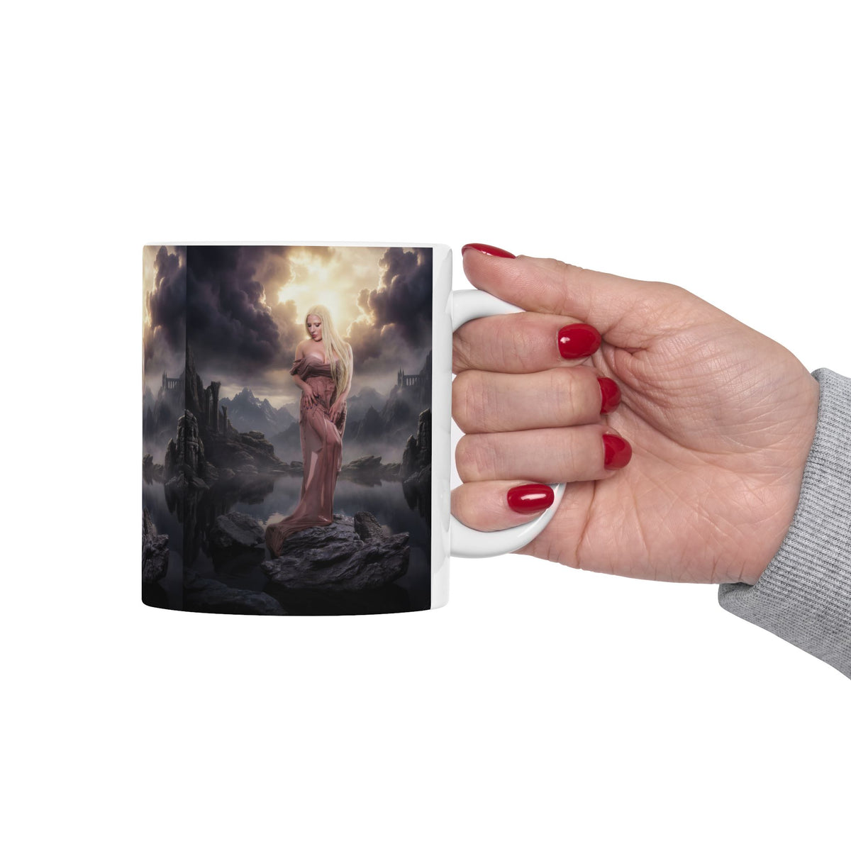 Renaissance photoshoot Mug | Dark Castle Landscape, Mythic Woman