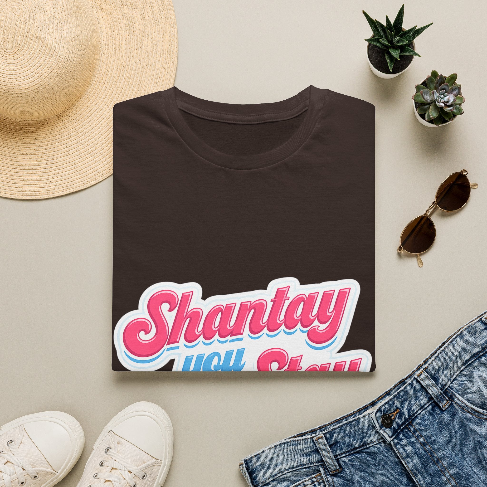Shantay You Stay T-Shirt — Retro Pink & Blue Script Tee