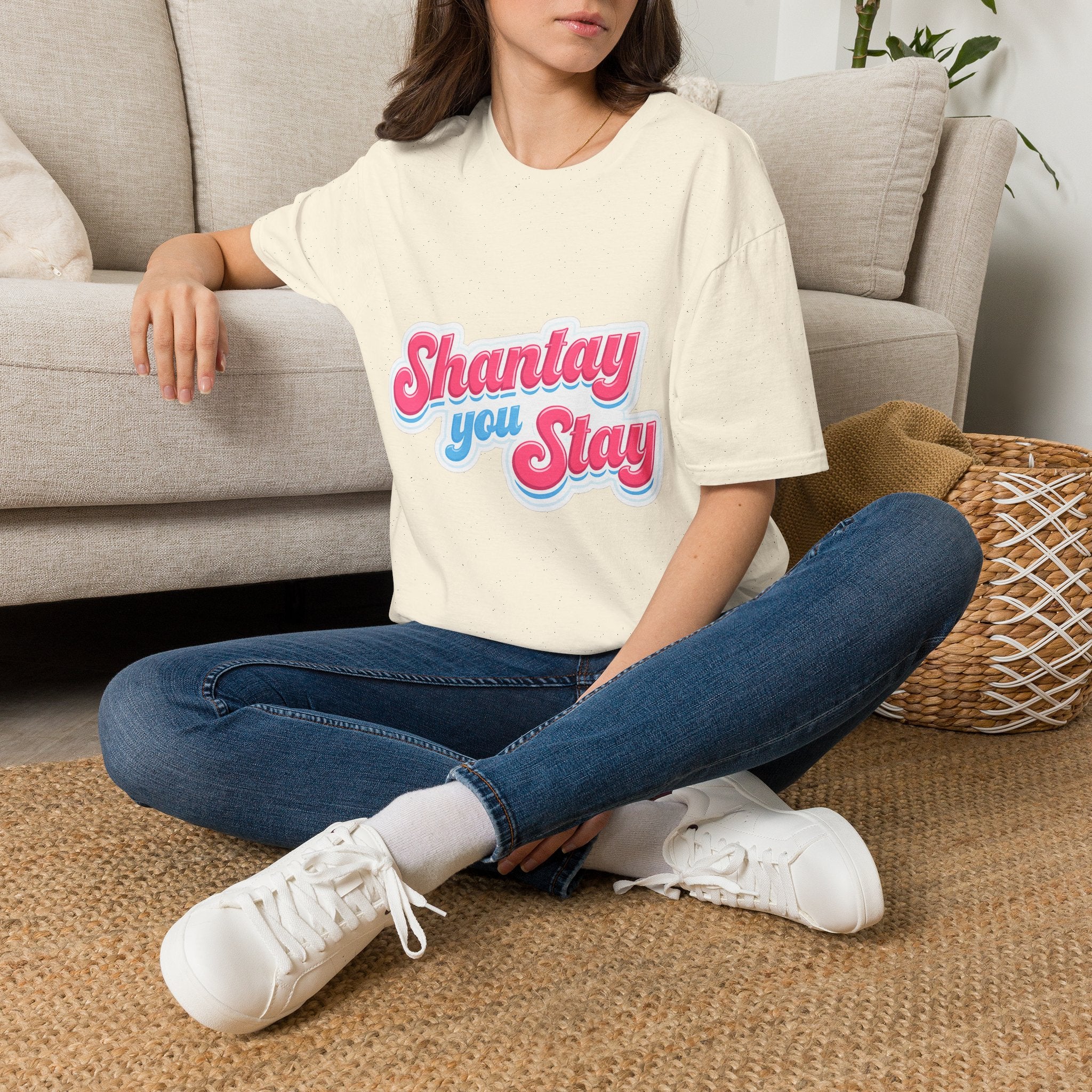 Shantay You Stay T-Shirt — Retro Pink & Blue Script Tee