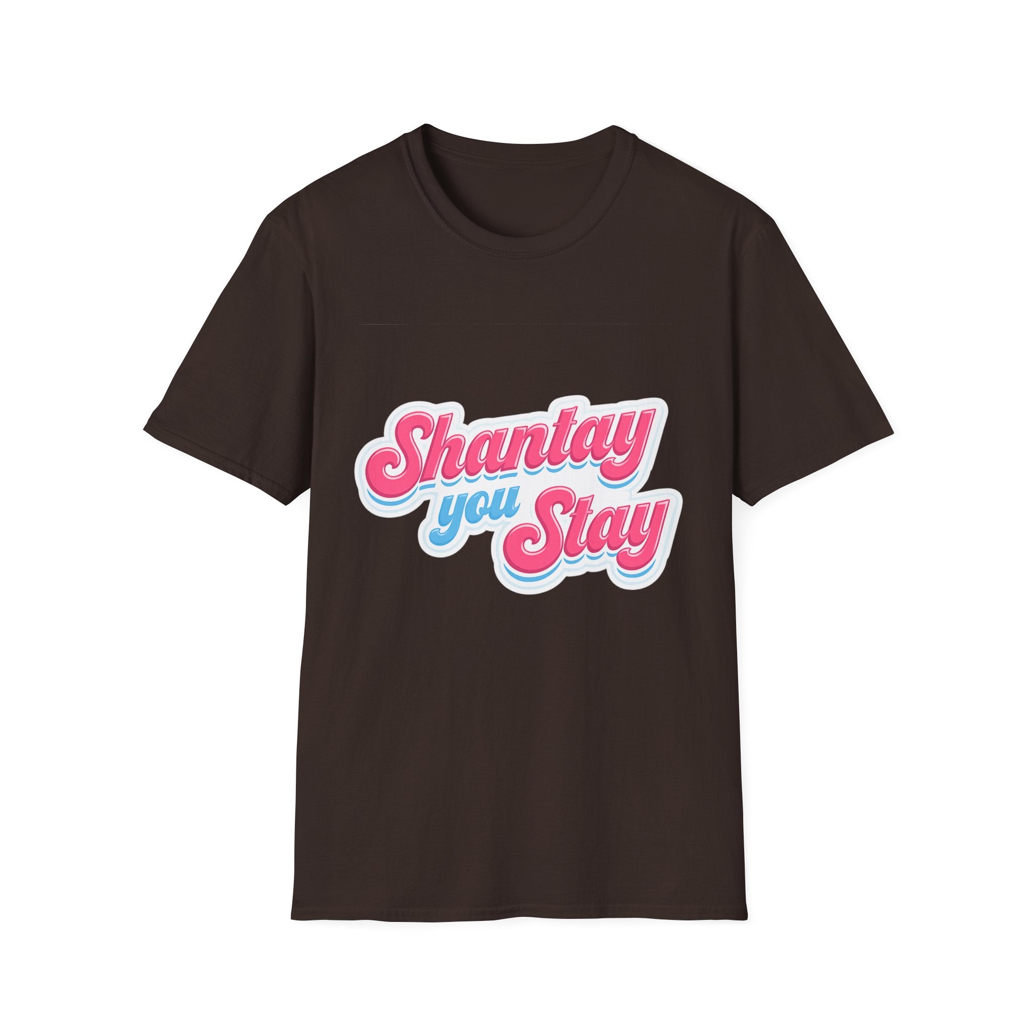 Shantay You Stay T-Shirt — Retro Pink & Blue Script Tee