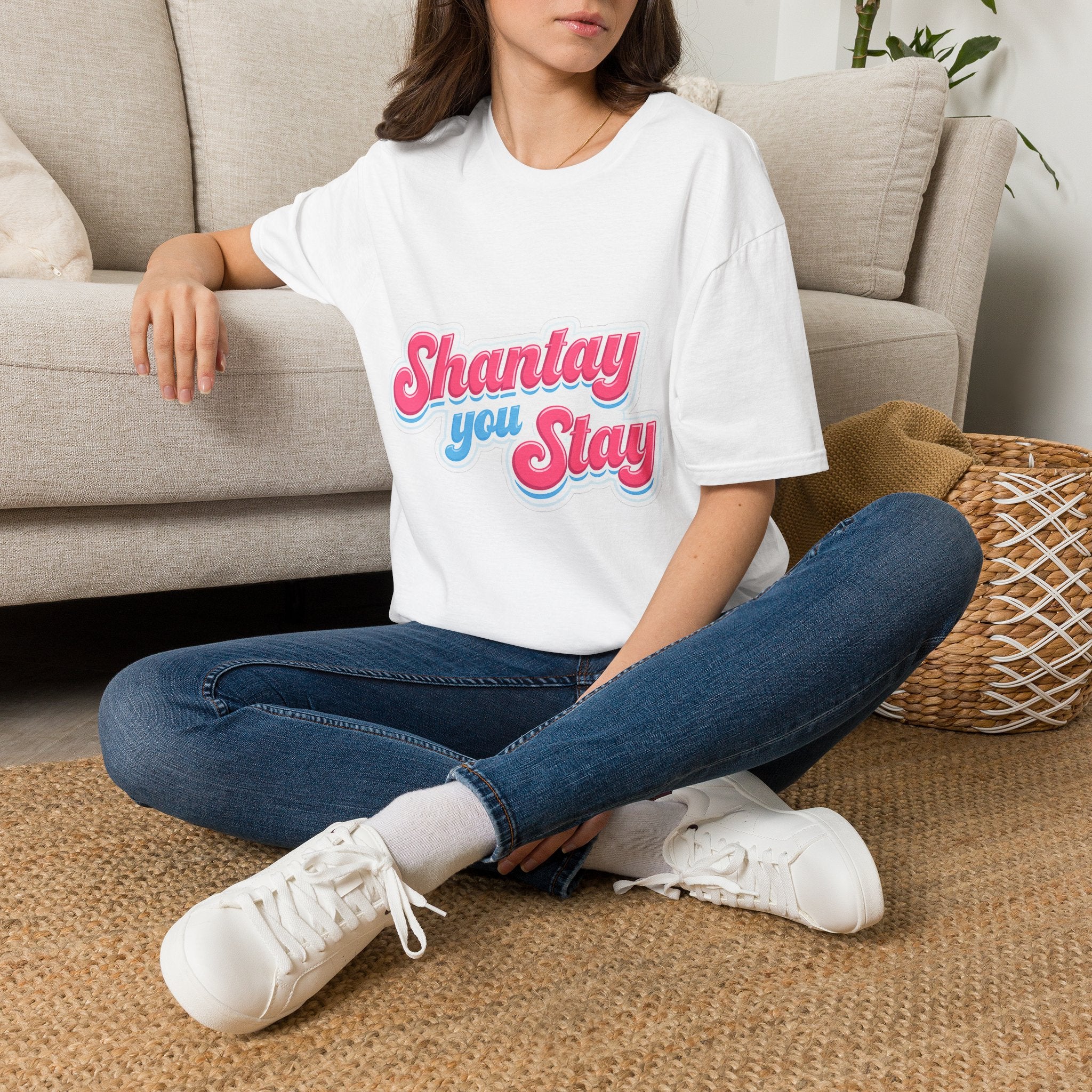 Shantay You Stay T-Shirt — Retro Pink & Blue Script Tee