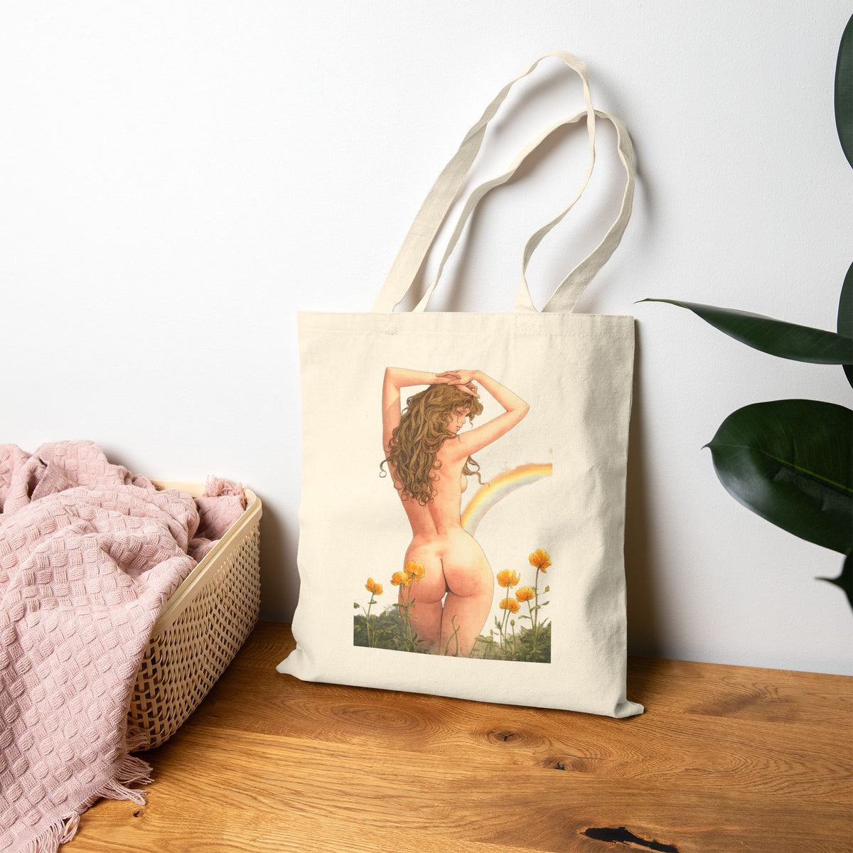Vintage Pinup Nude Woman Tote Bag | Floral Rainbow Illustration