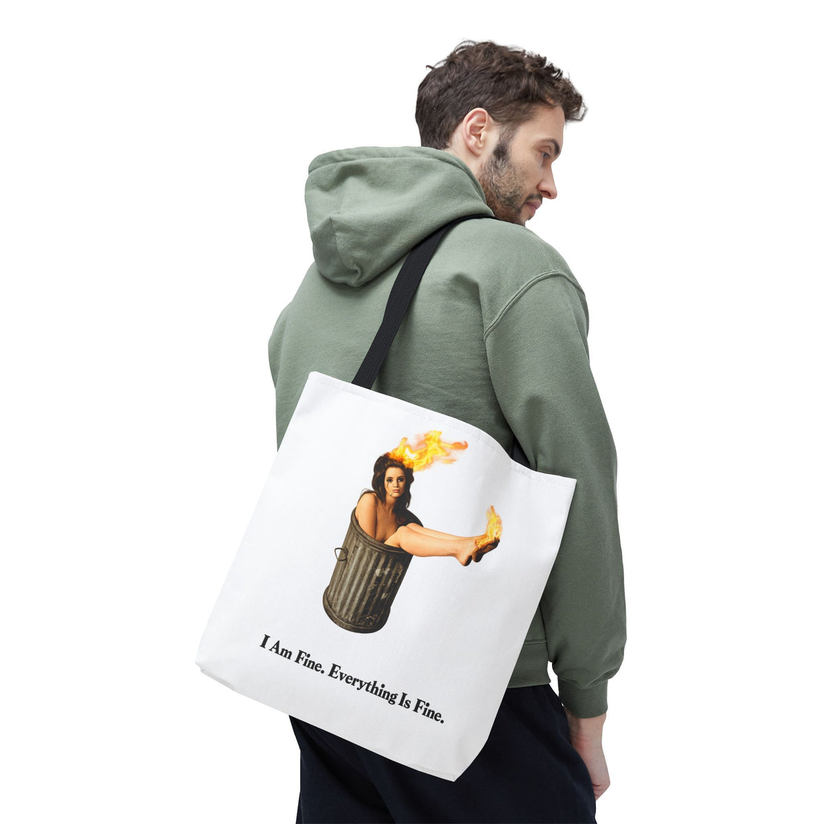 I Am Fine Everything Is Fine Tote Bag | Funny Meme Trash Can on Fire