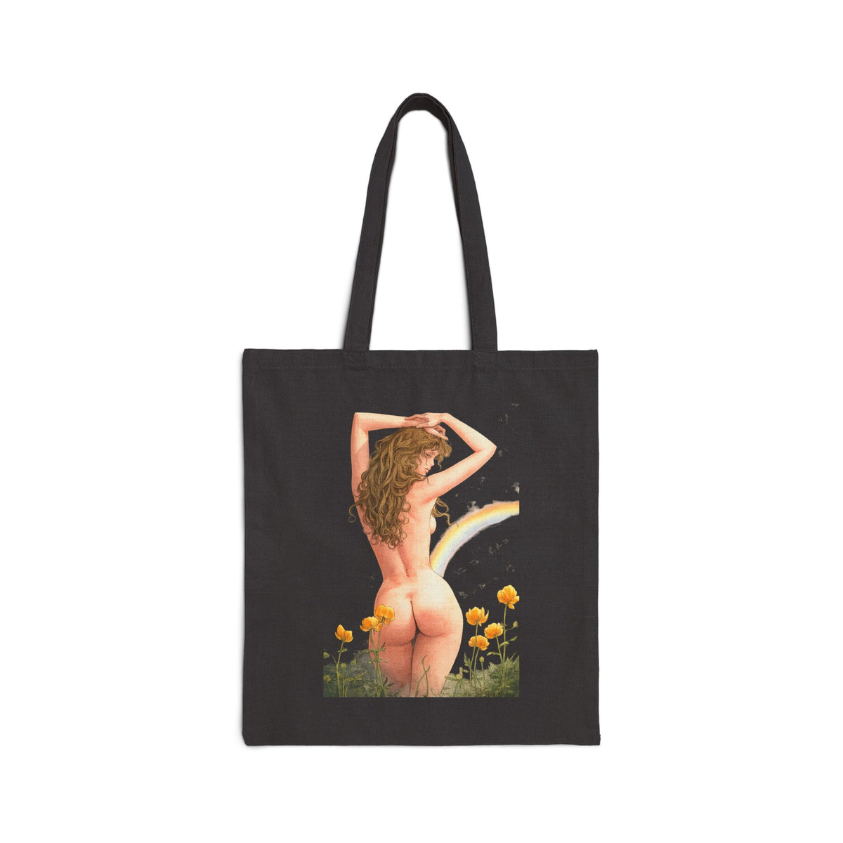 Vintage Pinup Nude Woman Tote Bag | Floral Rainbow Illustration