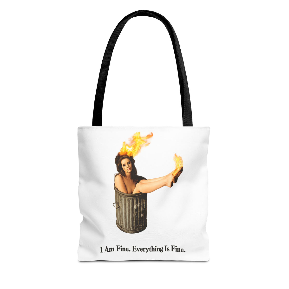 I Am Fine Everything Is Fine Tote Bag | Funny Meme Trash Can on Fire