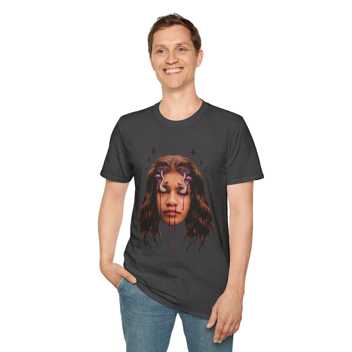 Mushroom Awakeness T-Shirt | Surreal Mushroom Art, Moody Portrait