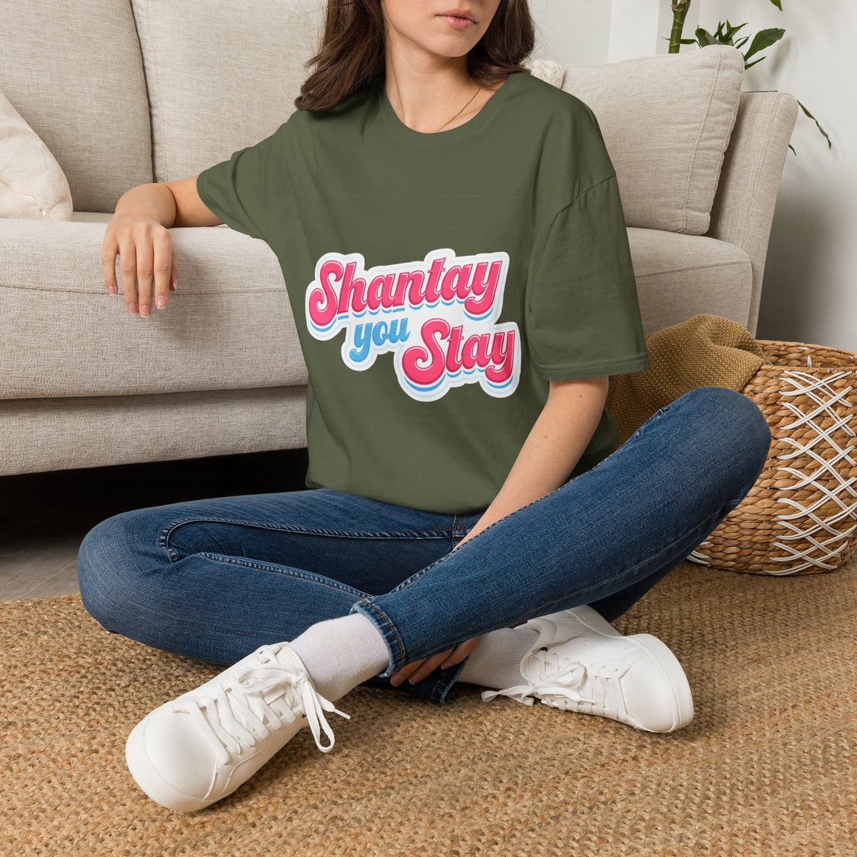 Shantay You Stay T-Shirt — Retro Pink & Blue Script Tee