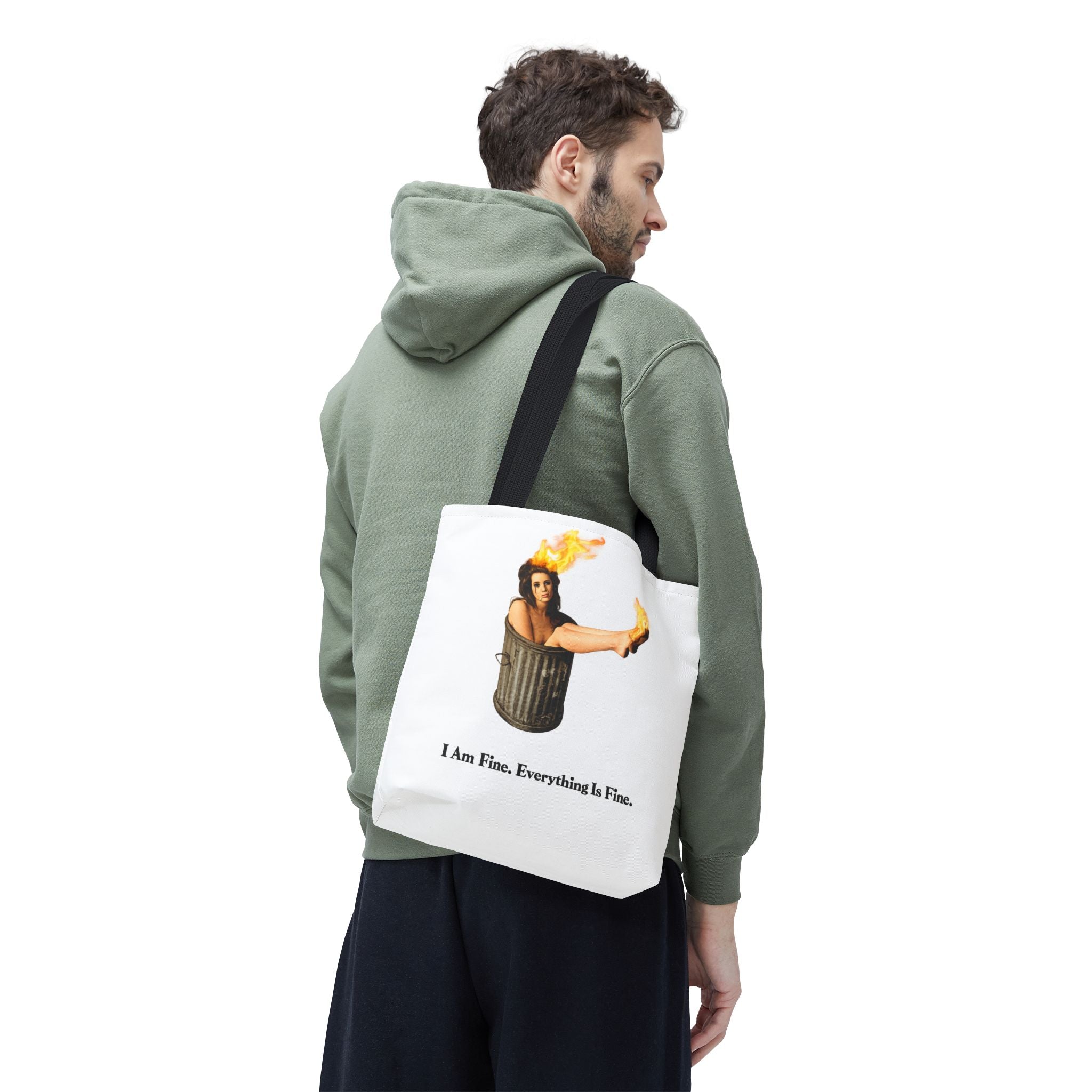 I Am Fine Everything Is Fine Tote Bag | Funny Meme Trash Can on Fire